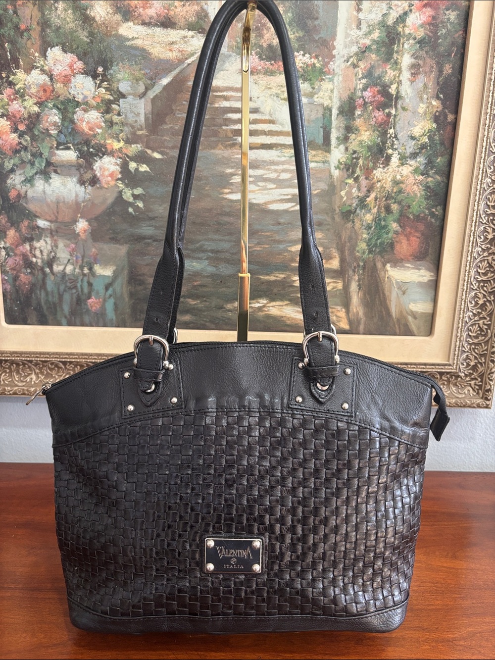 Valentina Black Woven Leather Tote with Silver Hardware